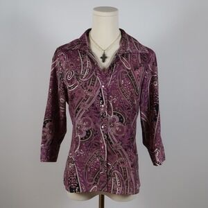 Covington Women's Purple Paisley Print Button Up Shirt 3/4 Sleeve Size MP